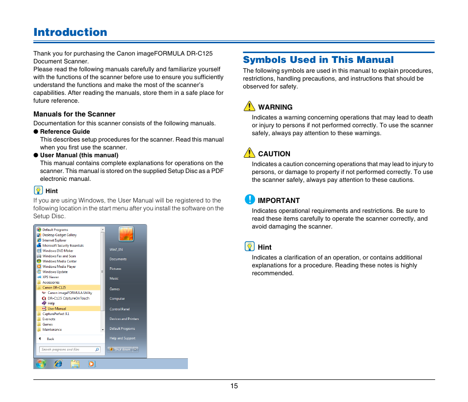 Introduction, Symbols used in this manual | Canon IMAGE FORMULA DR-C125 User Manual | Page 15 / 106