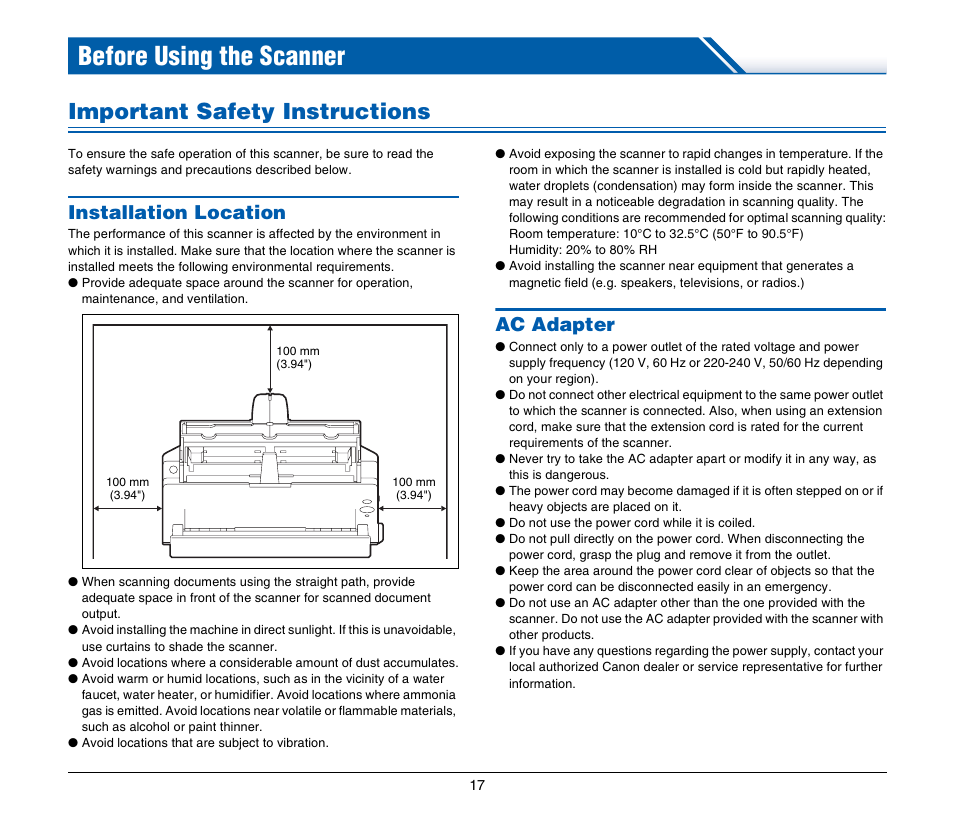 Before using the scanner, Important safety instructions, Installation location | Ac adapter, Installation location ac adapter | Canon IMAGE FORMULA DR-C125 User Manual | Page 17 / 106