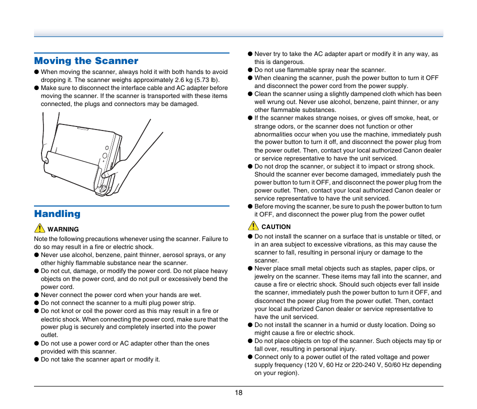 Moving the scanner, Handling, Moving the scanner handling | Canon IMAGE FORMULA DR-C125 User Manual | Page 18 / 106