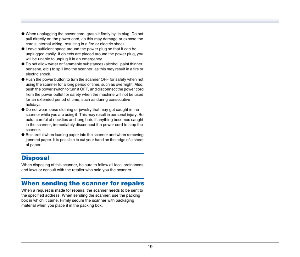 Disposal, When sending the scanner for repairs, Disposal when sending the scanner for repairs | Canon IMAGE FORMULA DR-C125 User Manual | Page 19 / 106