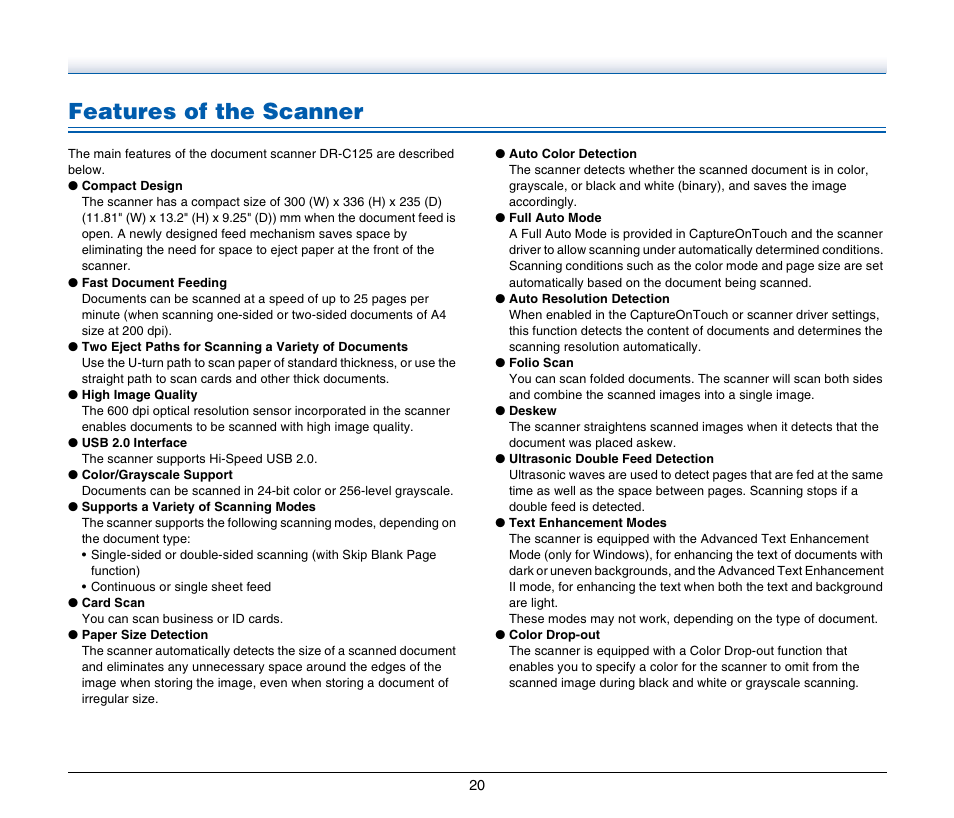 Features of the scanner | Canon IMAGE FORMULA DR-C125 User Manual | Page 20 / 106