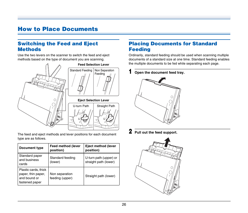 How to place documents, Switching the feed and eject methods, Placing documents for standard feeding | Canon IMAGE FORMULA DR-C125 User Manual | Page 26 / 106