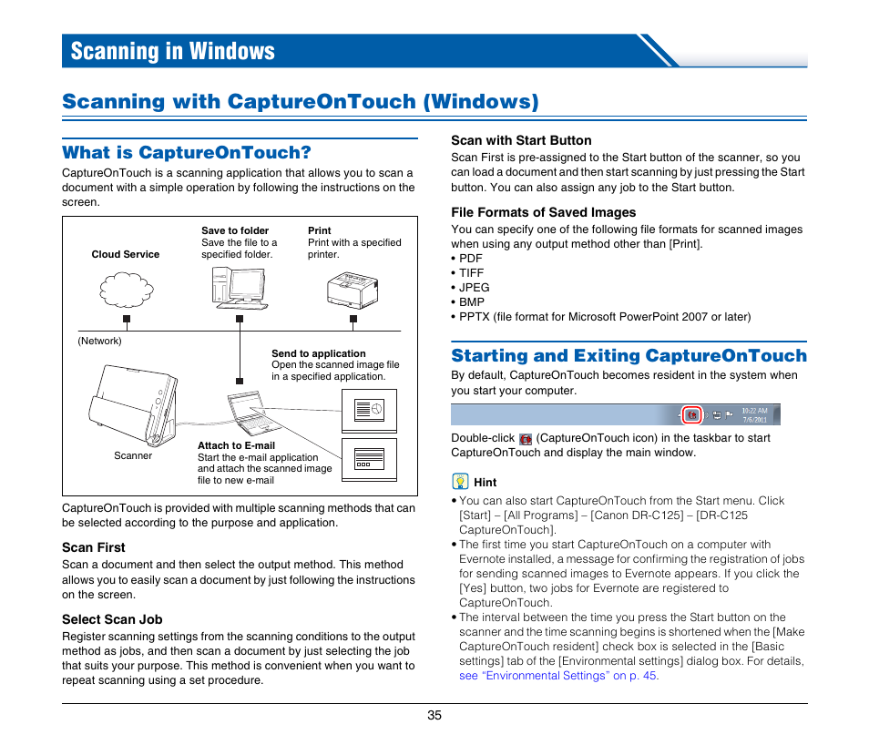 Scanning in windows, Scanning with captureontouch (windows), What is captureontouch | Starting and exiting captureontouch | Canon IMAGE FORMULA DR-C125 User Manual | Page 35 / 106