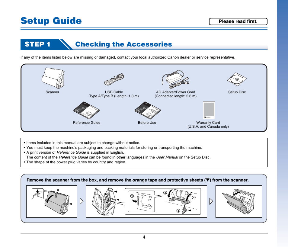 Setup guide, Step 1 checking the accessories | Canon IMAGE FORMULA DR-C125 User Manual | Page 4 / 106