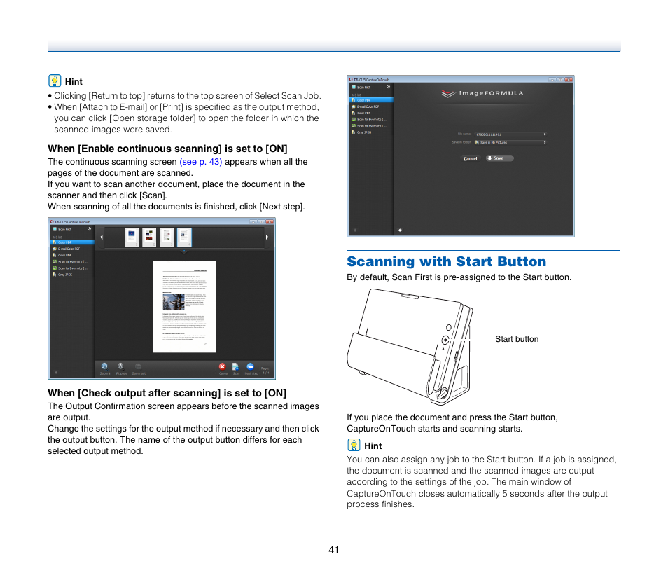 Scanning with start button | Canon IMAGE FORMULA DR-C125 User Manual | Page 41 / 106