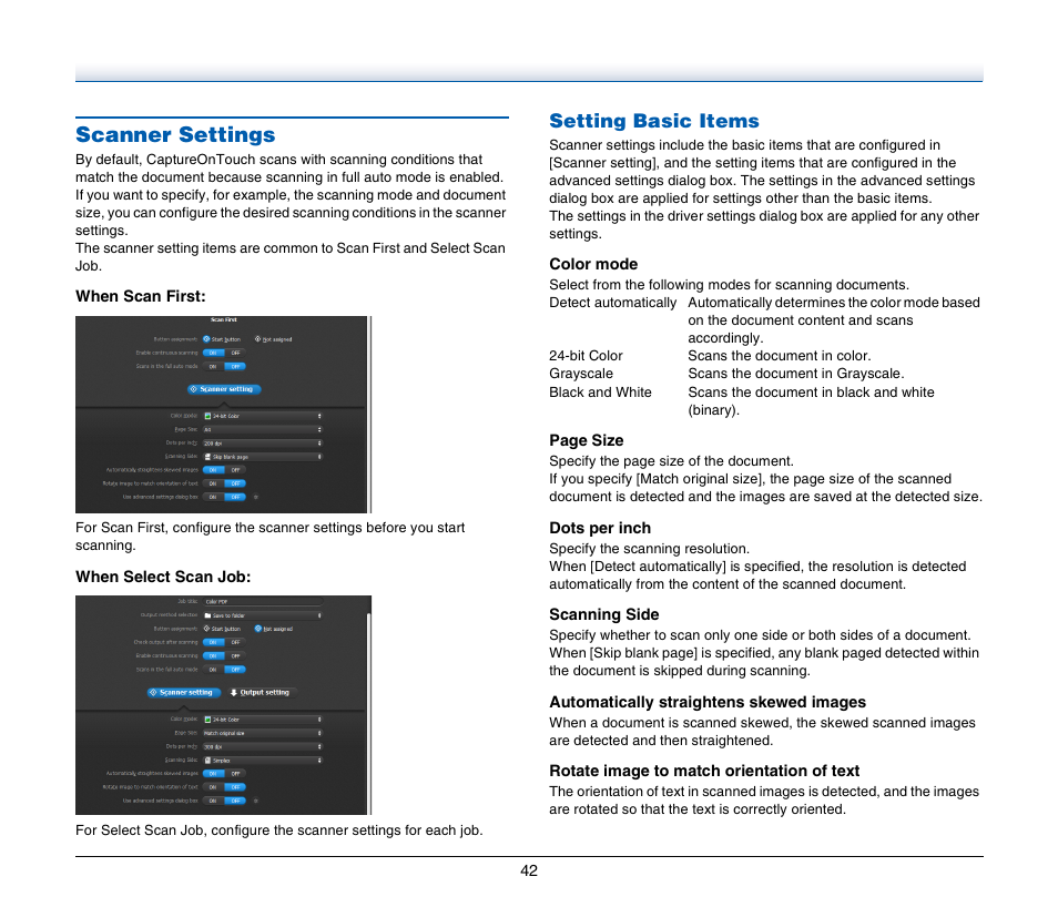 Scanner settings, P. 42), Setting basic items | Canon IMAGE FORMULA DR-C125 User Manual | Page 42 / 106