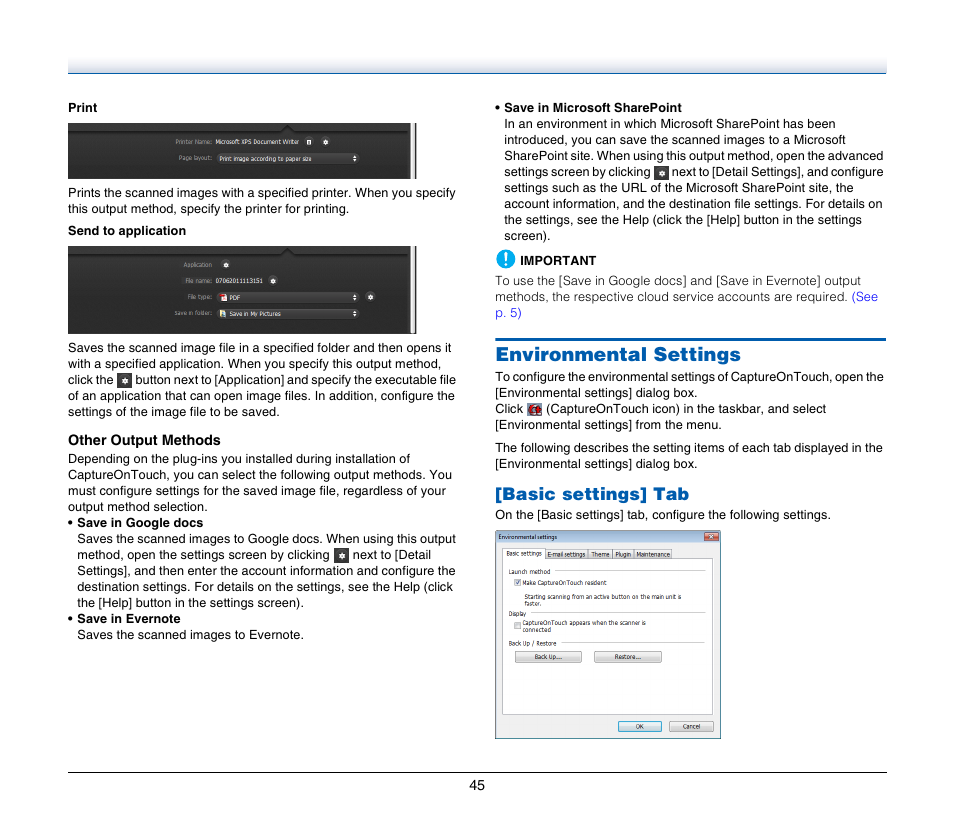 Environmental settings, Basic settings] tab | Canon IMAGE FORMULA DR-C125 User Manual | Page 45 / 106