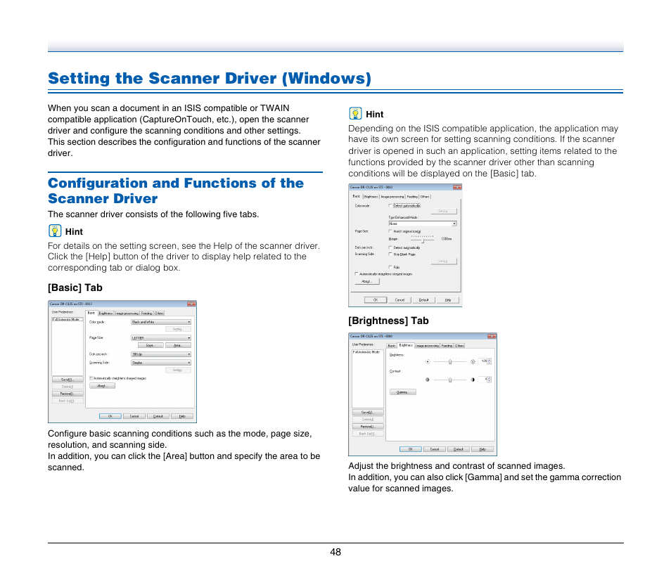 Setting the scanner driver (windows), Configuration and functions of the scanner driver | Canon IMAGE FORMULA DR-C125 User Manual | Page 48 / 106