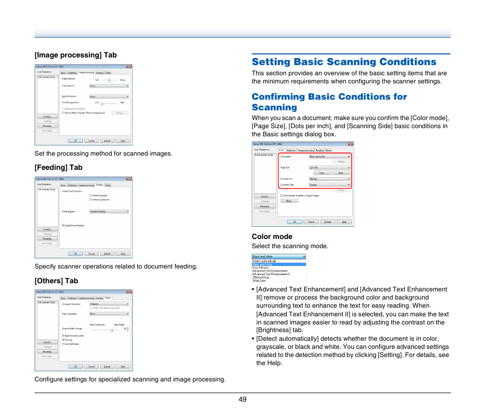 Setting basic scanning conditions, See p. 49), Confirming basic conditions for scanning | Canon IMAGE FORMULA DR-C125 User Manual | Page 49 / 106