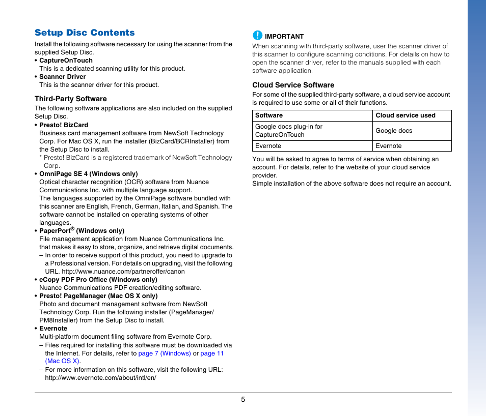 Setup disc contents | Canon IMAGE FORMULA DR-C125 User Manual | Page 5 / 106