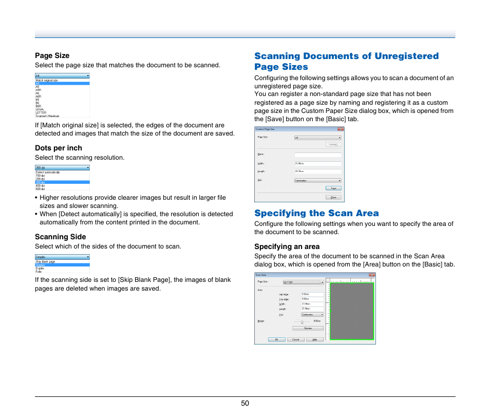 Scanning documents of unregistered page sizes, Specifying the scan area | Canon IMAGE FORMULA DR-C125 User Manual | Page 50 / 106