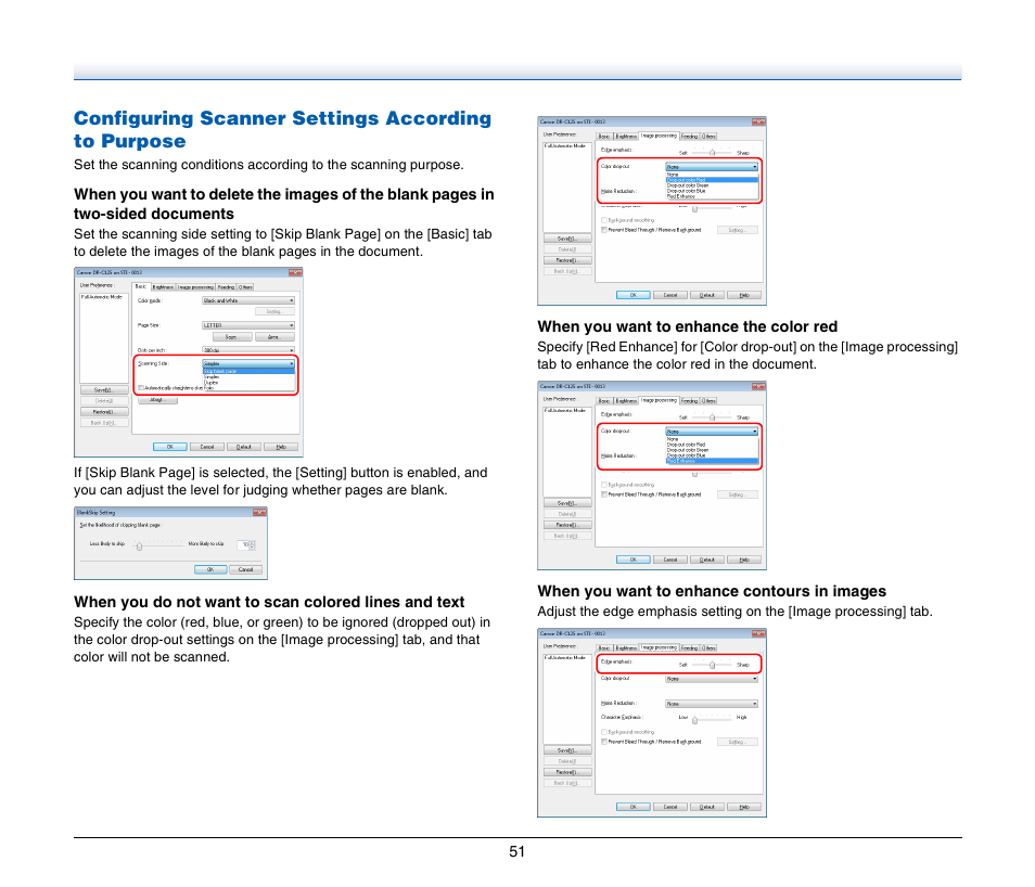 Configuring scanner settings according to purpose | Canon IMAGE FORMULA DR-C125 User Manual | Page 51 / 106