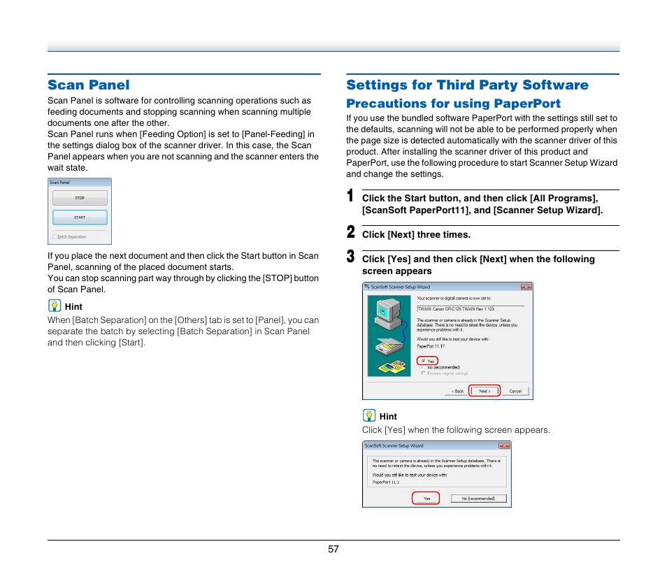 Scan panel, Settings for third party software, Scan panel settings for third party software | Canon IMAGE FORMULA DR-C125 User Manual | Page 57 / 106