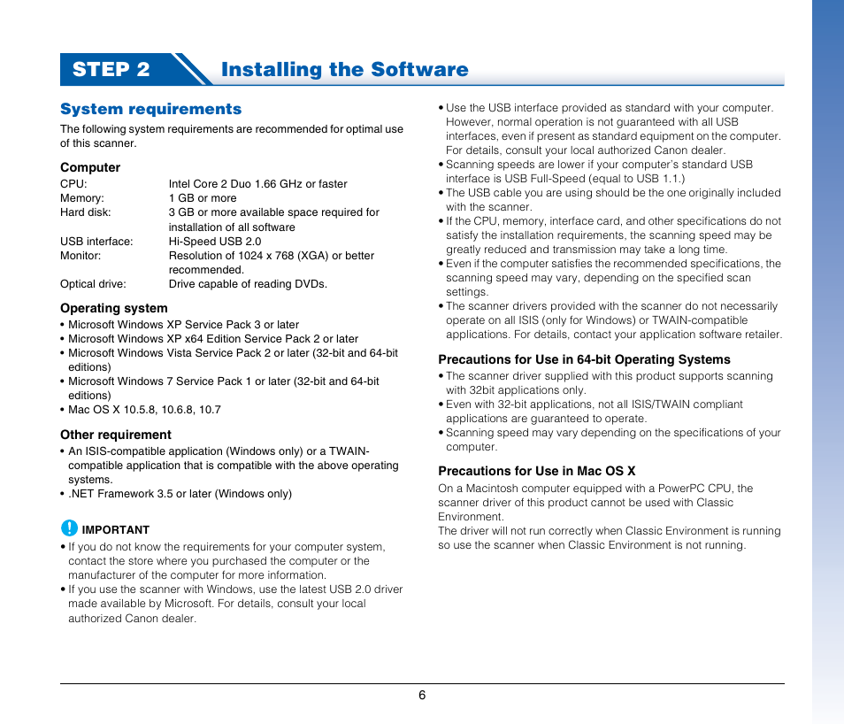 Step 2 installing the software, System requirements | Canon IMAGE FORMULA DR-C125 User Manual | Page 6 / 106