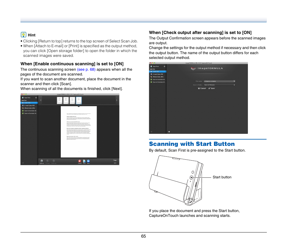 Scanning with start button | Canon IMAGE FORMULA DR-C125 User Manual | Page 65 / 106