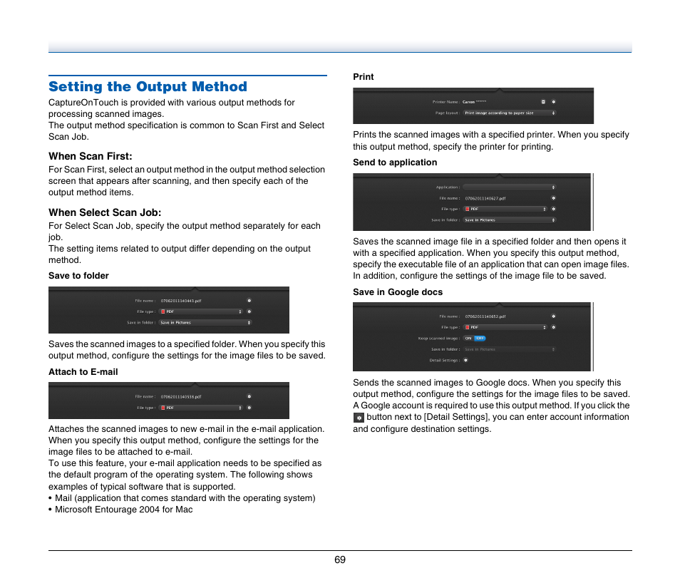 Setting the output method | Canon IMAGE FORMULA DR-C125 User Manual | Page 69 / 106