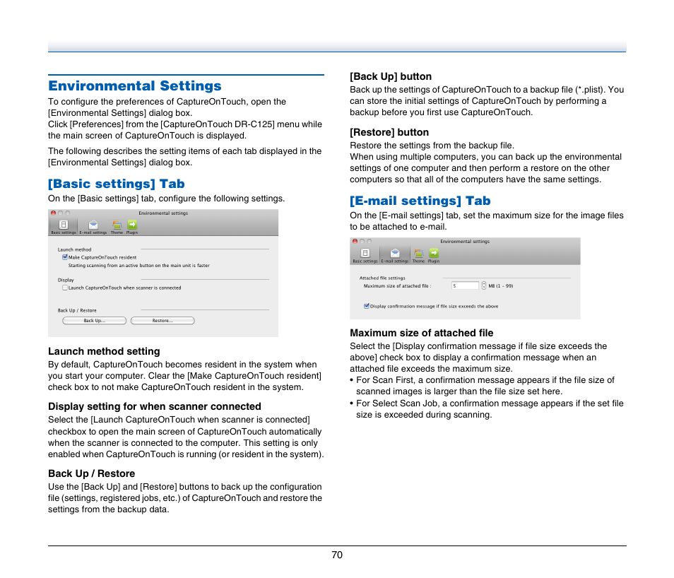 Environmental settings, Basic settings] tab, E-mail settings] tab | Canon IMAGE FORMULA DR-C125 User Manual | Page 70 / 106