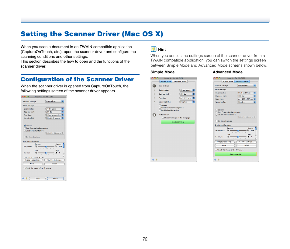 Setting the scanner driver (mac os x), Configuration of the scanner driver | Canon IMAGE FORMULA DR-C125 User Manual | Page 72 / 106