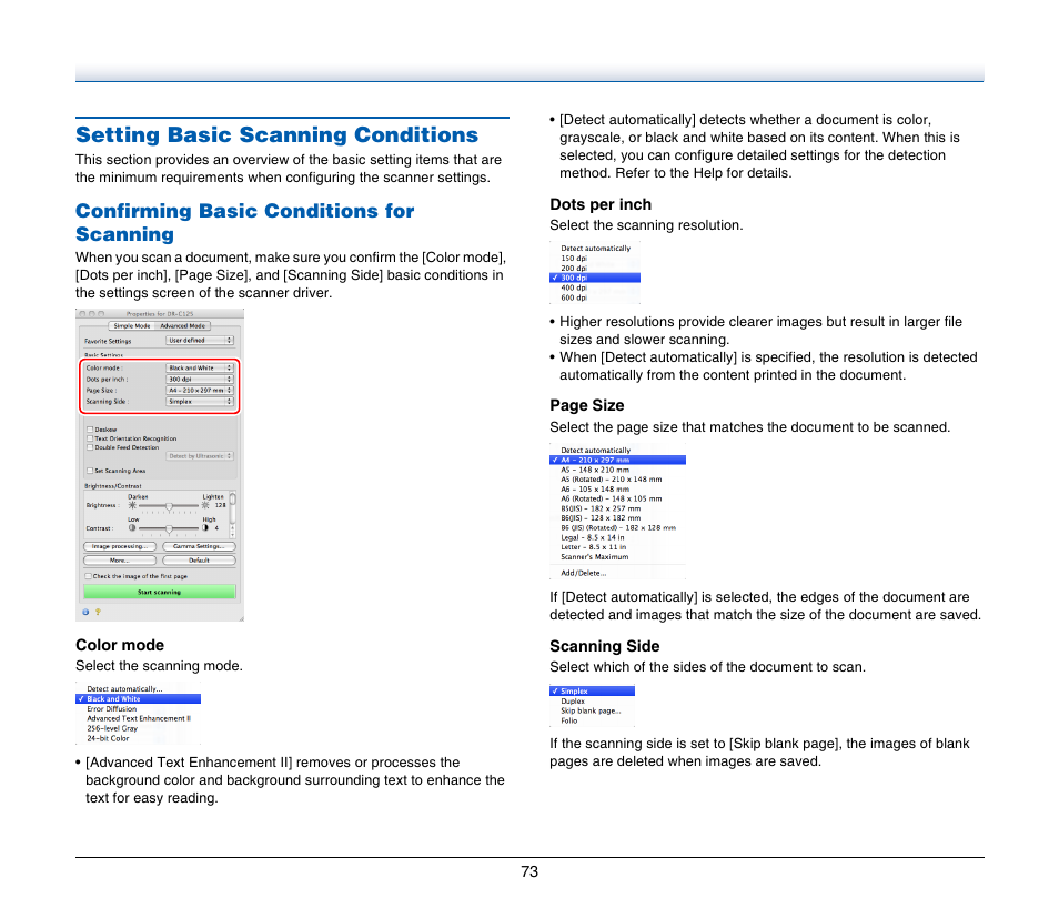 Setting basic scanning conditions, See p. 73), Confirming basic conditions for scanning | Canon IMAGE FORMULA DR-C125 User Manual | Page 73 / 106