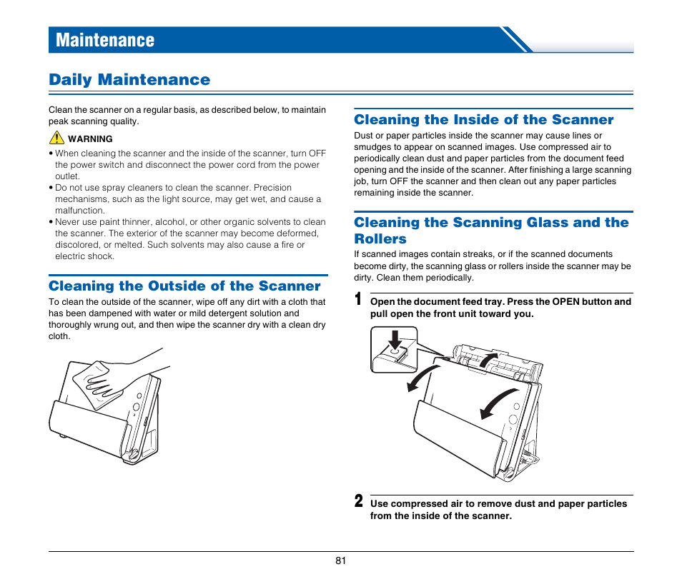 Maintenance, Daily maintenance, Cleaning the outside of the scanner | Cleaning the inside of the scanner, Cleaning the scanning glass and the rollers | Canon IMAGE FORMULA DR-C125 User Manual | Page 81 / 106