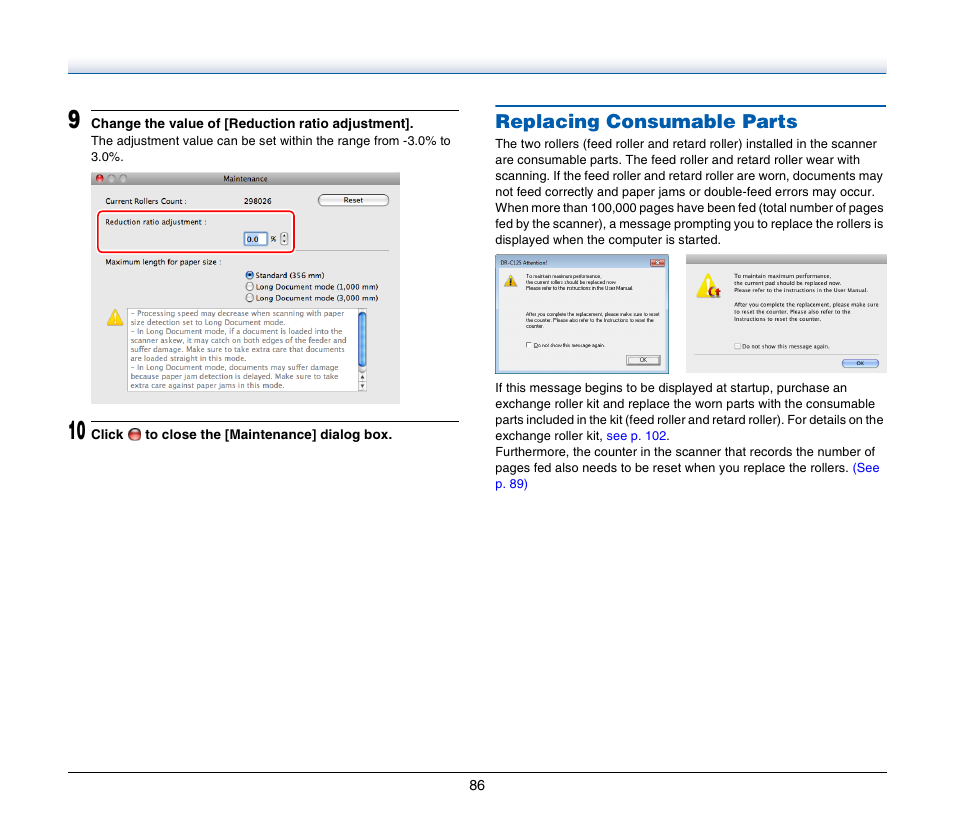 Replacing consumable parts | Canon IMAGE FORMULA DR-C125 User Manual | Page 86 / 106