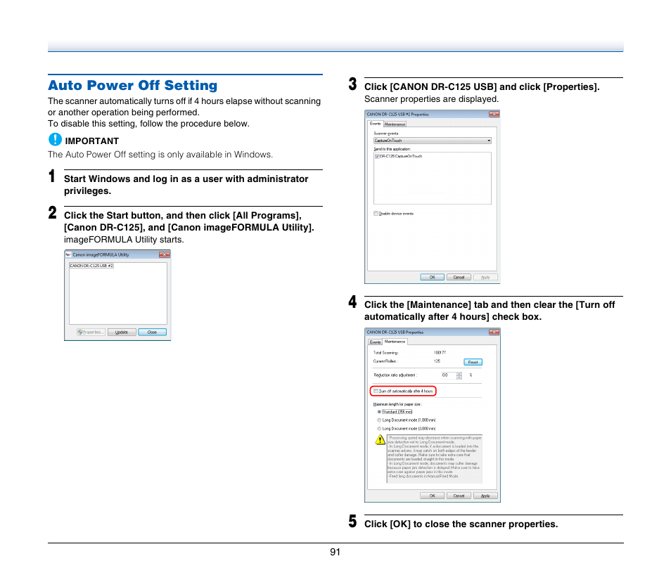 Auto power off setting | Canon IMAGE FORMULA DR-C125 User Manual | Page 91 / 106