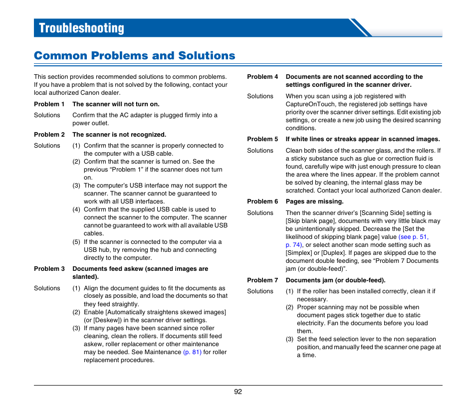 Troubleshooting, Common problems and solutions | Canon IMAGE FORMULA DR-C125 User Manual | Page 92 / 106