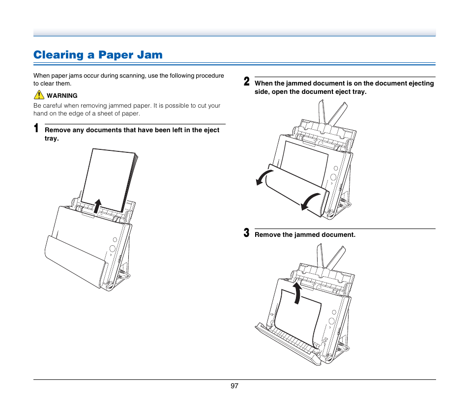 Clearing a paper jam | Canon IMAGE FORMULA DR-C125 User Manual | Page 97 / 106