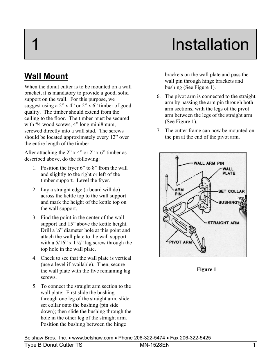 1 installation, Wall mount | Belshaw Adamatic Type B Donut Cutter User Manual | Page 17 / 44
