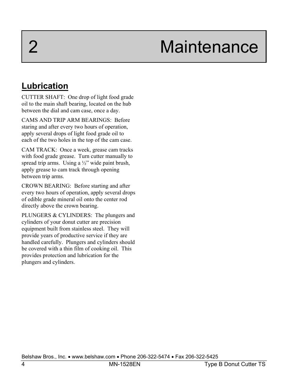 2 maintenance, Lubrication | Belshaw Adamatic Type B Donut Cutter User Manual | Page 20 / 44