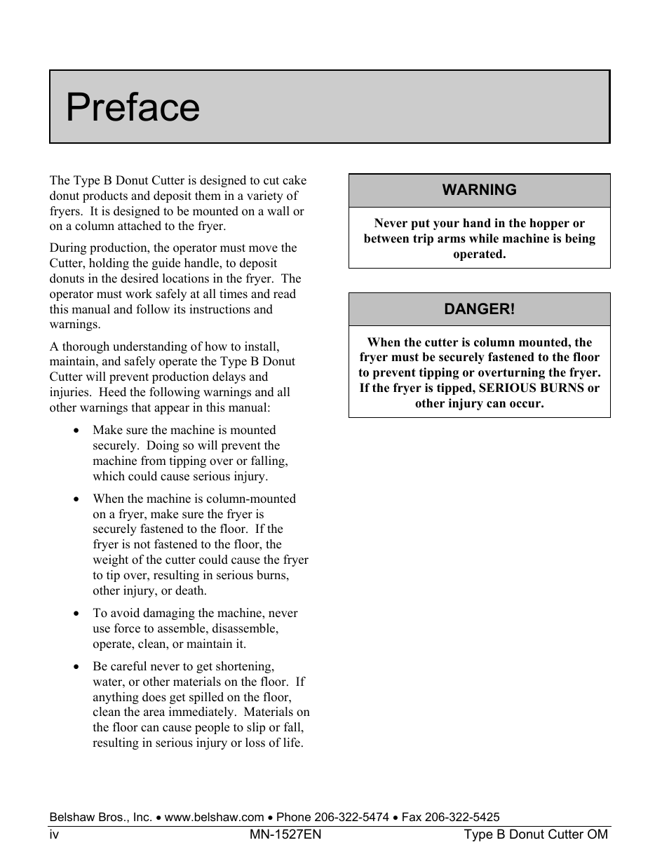 Preface | Belshaw Adamatic Type B Donut Cutter User Manual | Page 4 / 44