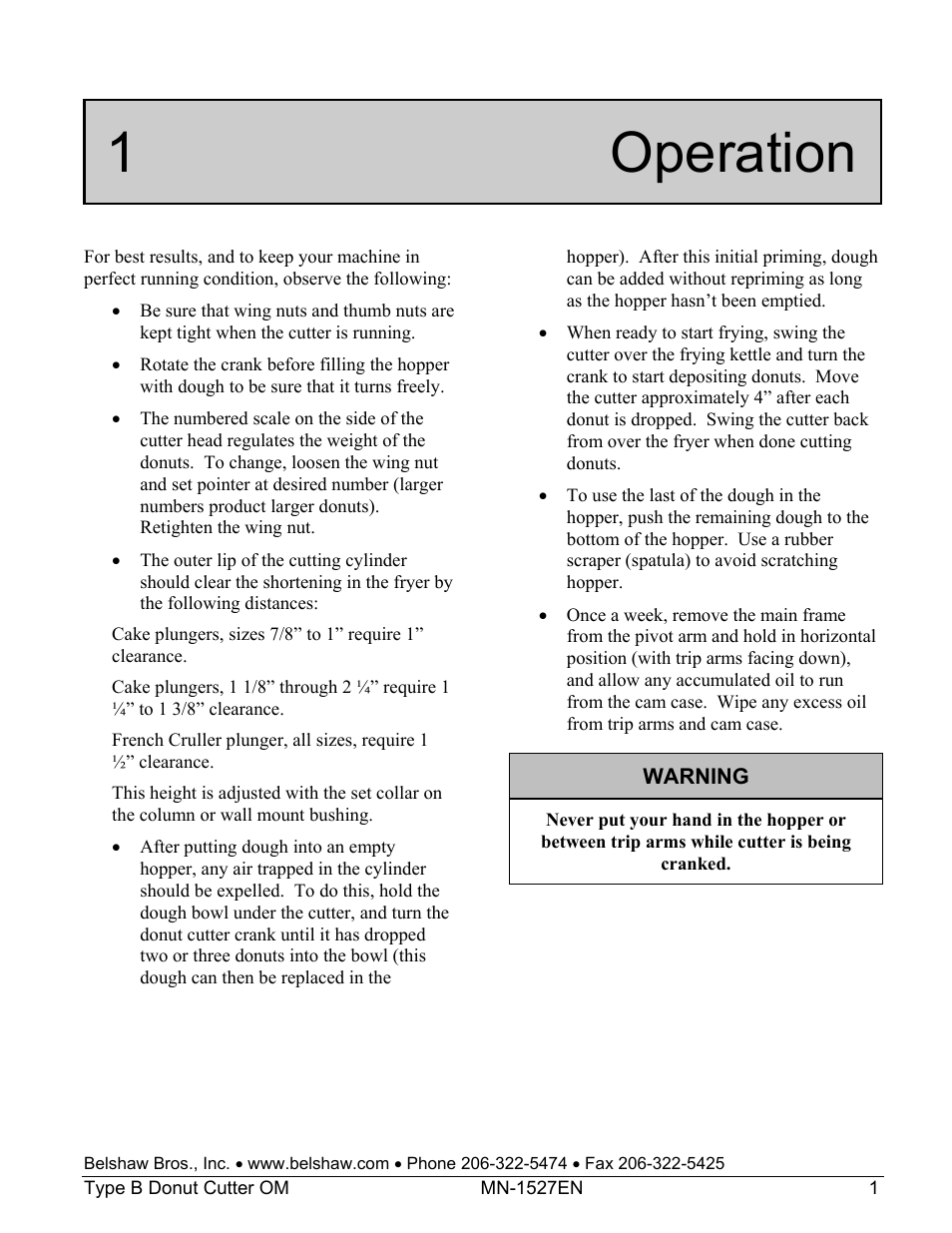 1 operation | Belshaw Adamatic Type B Donut Cutter User Manual | Page 5 / 44