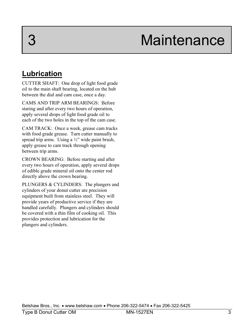 3 maintenance, Lubrication | Belshaw Adamatic Type B Donut Cutter User Manual | Page 7 / 44