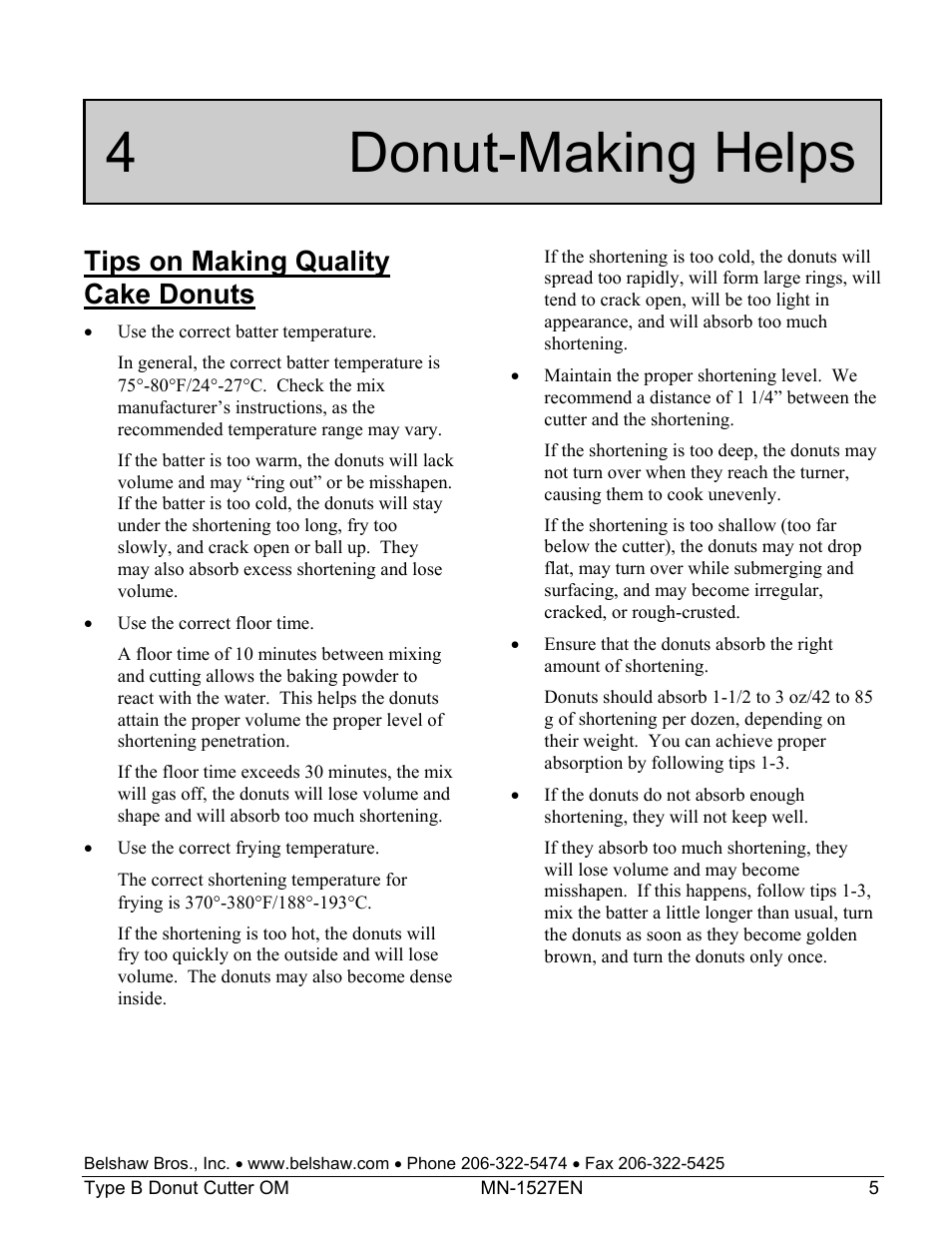 4 donut-making helps, Tips on making quality cake donuts | Belshaw Adamatic Type B Donut Cutter User Manual | Page 9 / 44