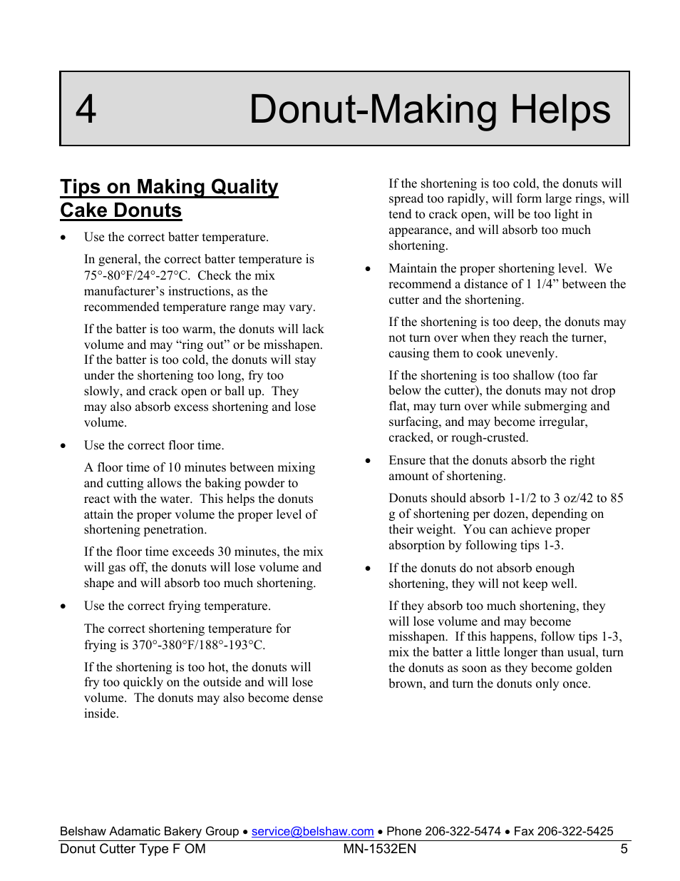 4 donut-making helps, Tips on making quality cake donuts | Belshaw Adamatic Type F Cake Donut Depositor User Manual | Page 10 / 45