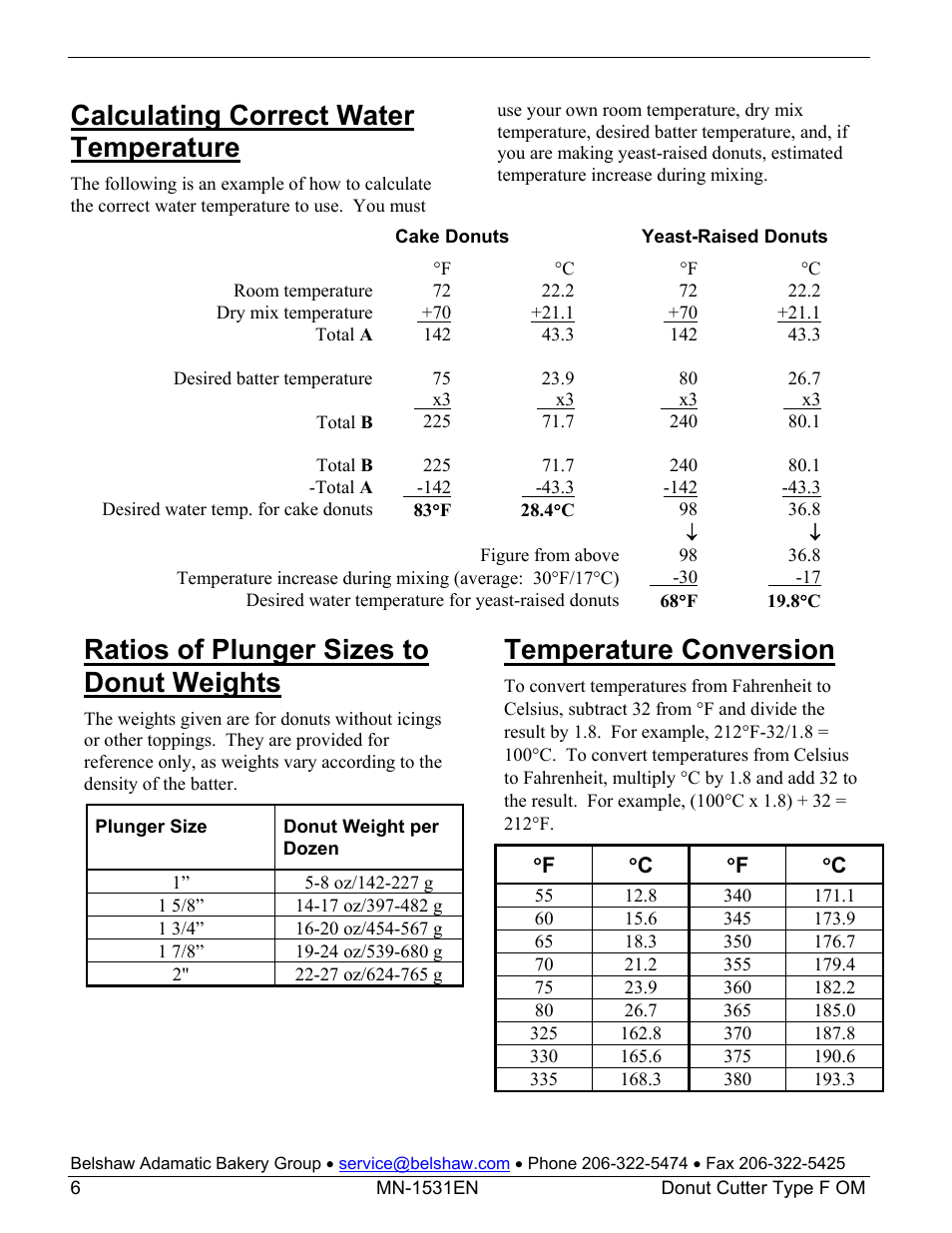 Calculating correct water temperature, Ratios of plunger sizes to donut weights, Temperature conversion | Belshaw Adamatic Type F Cake Donut Depositor User Manual | Page 11 / 45