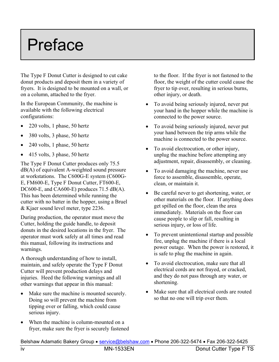 Preface | Belshaw Adamatic Type F Cake Donut Depositor User Manual | Page 15 / 45