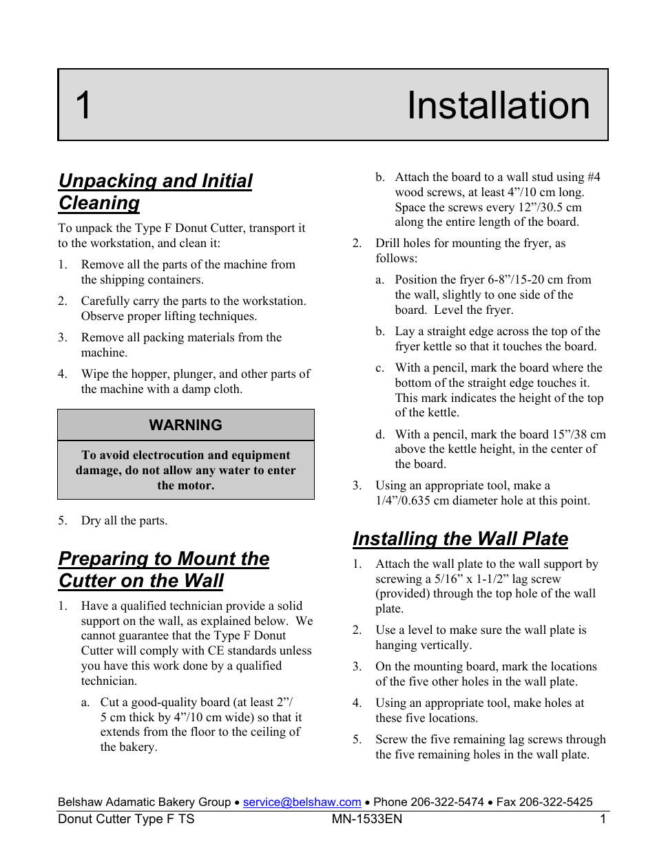 1 installation, Unpacking and initial cleaning, Preparing to mount the cutter on the wall | Installing the wall plate | Belshaw Adamatic Type F Cake Donut Depositor User Manual | Page 16 / 45