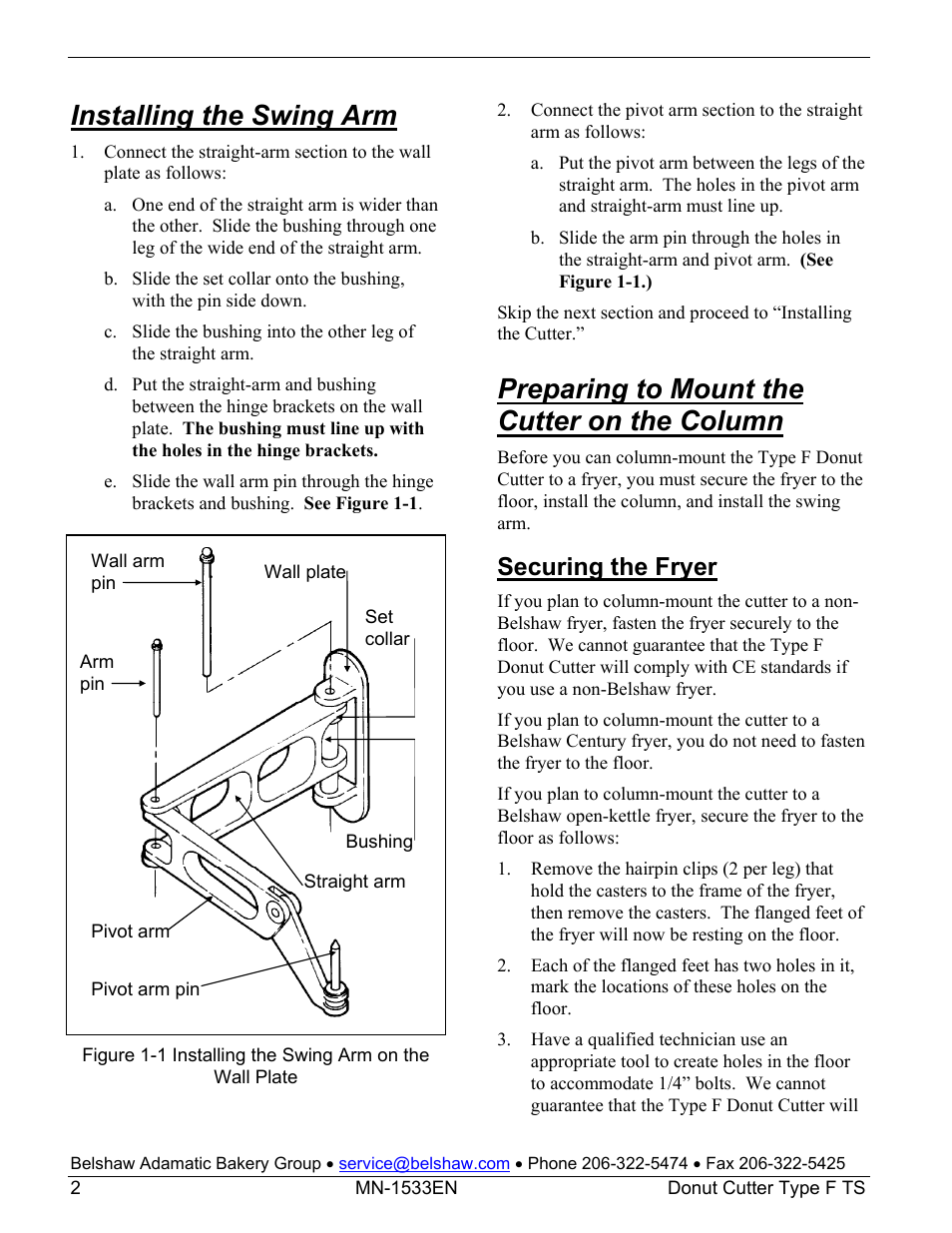 Installing the swing arm, Preparing to mount the cutter on the column, Securing the fryer | Belshaw Adamatic Type F Cake Donut Depositor User Manual | Page 17 / 45