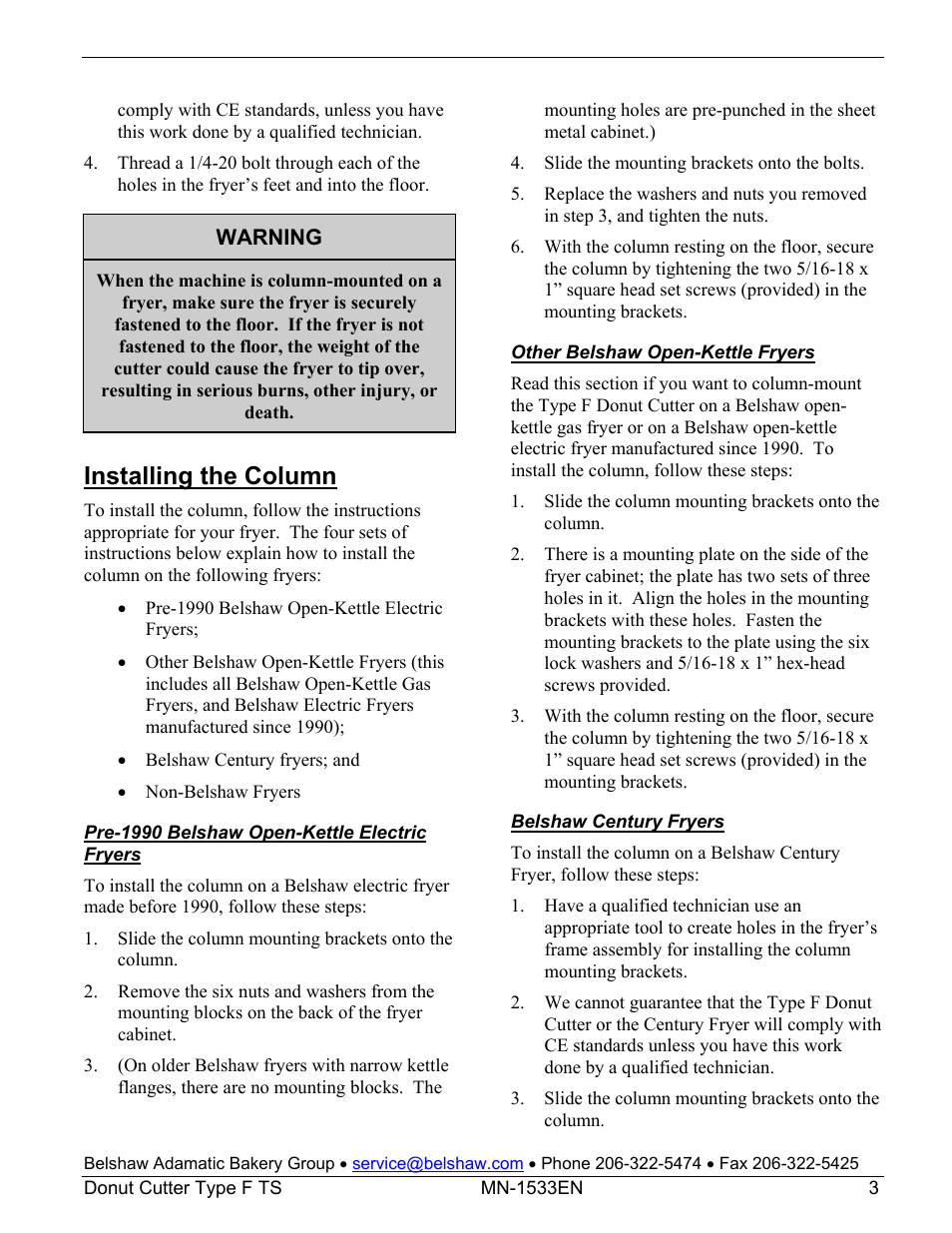 Installing the column | Belshaw Adamatic Type F Cake Donut Depositor User Manual | Page 18 / 45