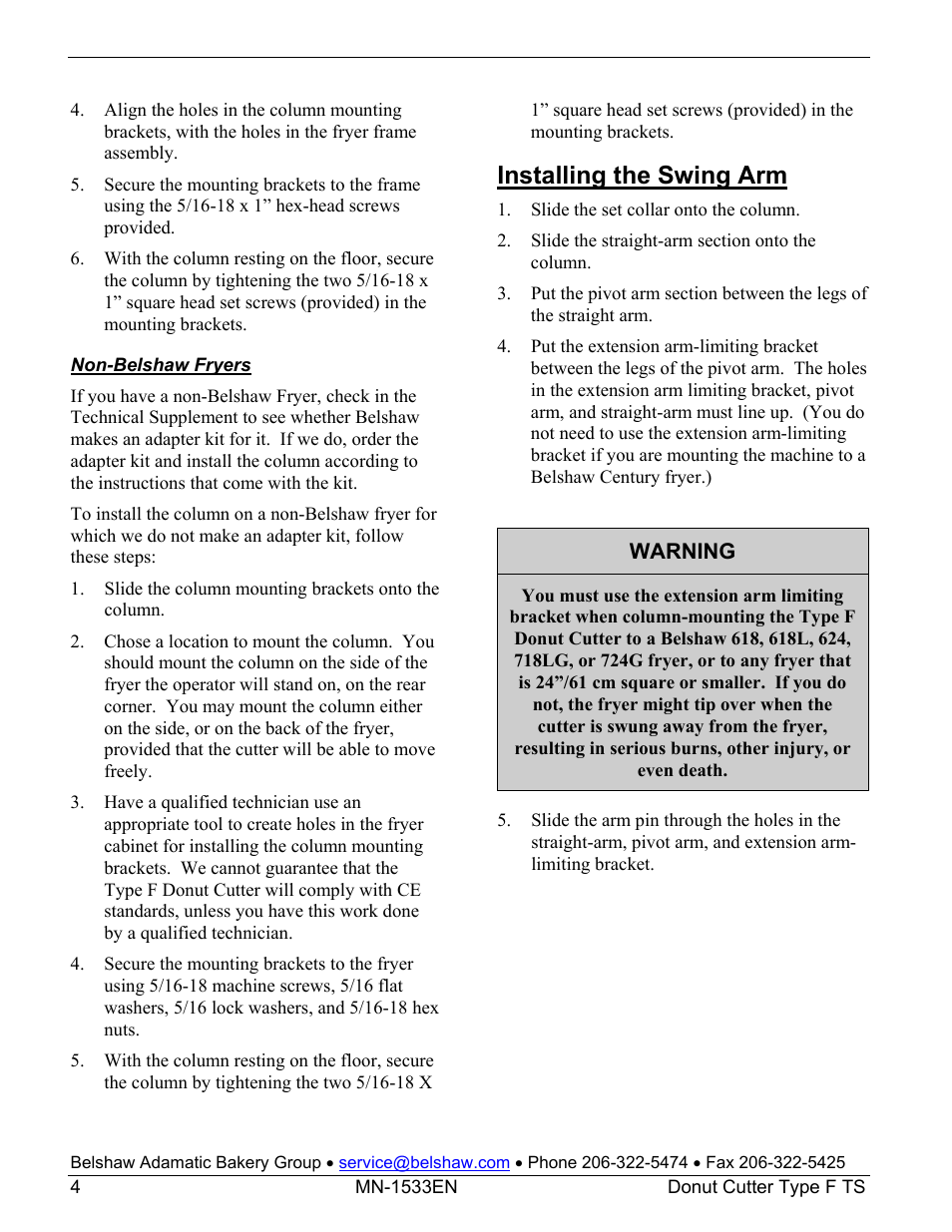 Installing the swing arm | Belshaw Adamatic Type F Cake Donut Depositor User Manual | Page 19 / 45