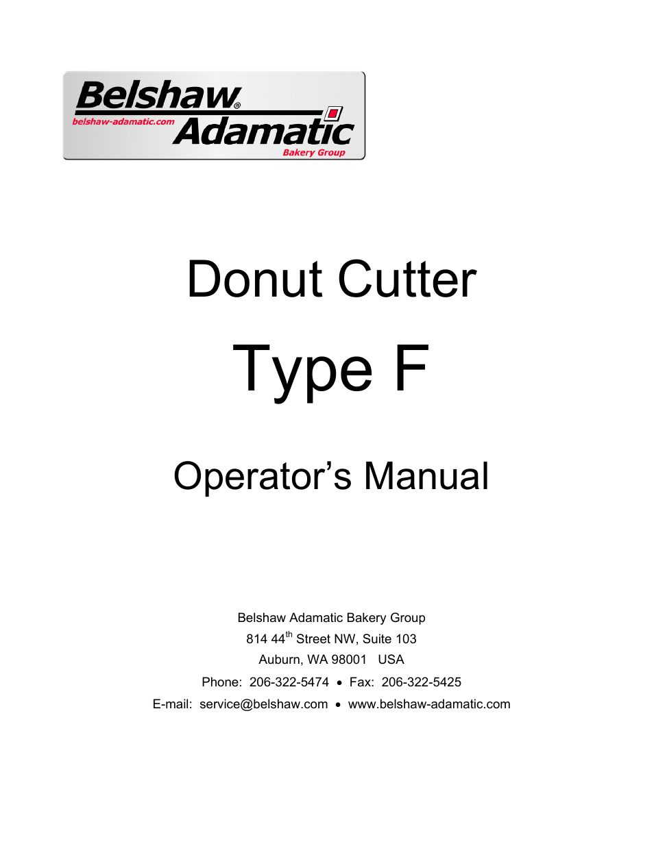 Type f, Donut cutter, Operator’s manual | Belshaw Adamatic Type F Cake Donut Depositor User Manual | Page 2 / 45