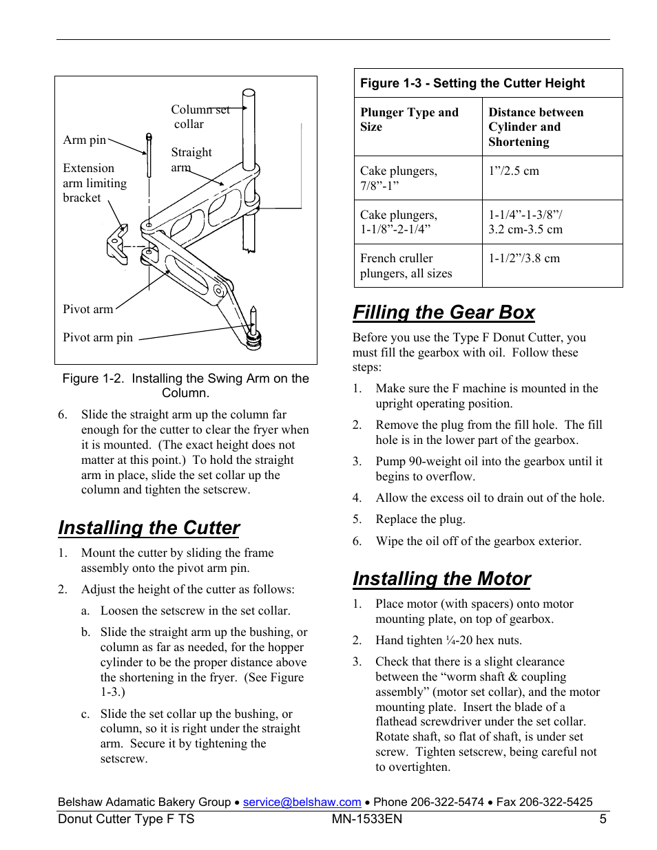 Installing the cutter, Filling the gear box, Installing the motor | Belshaw Adamatic Type F Cake Donut Depositor User Manual | Page 20 / 45