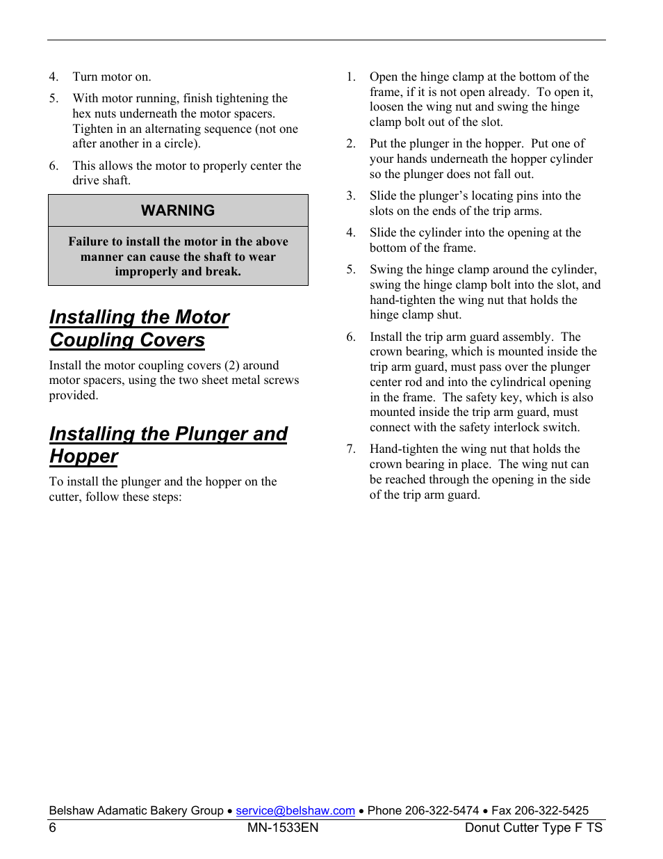 Installing the motor coupling covers, Installing the plunger and hopper | Belshaw Adamatic Type F Cake Donut Depositor User Manual | Page 21 / 45