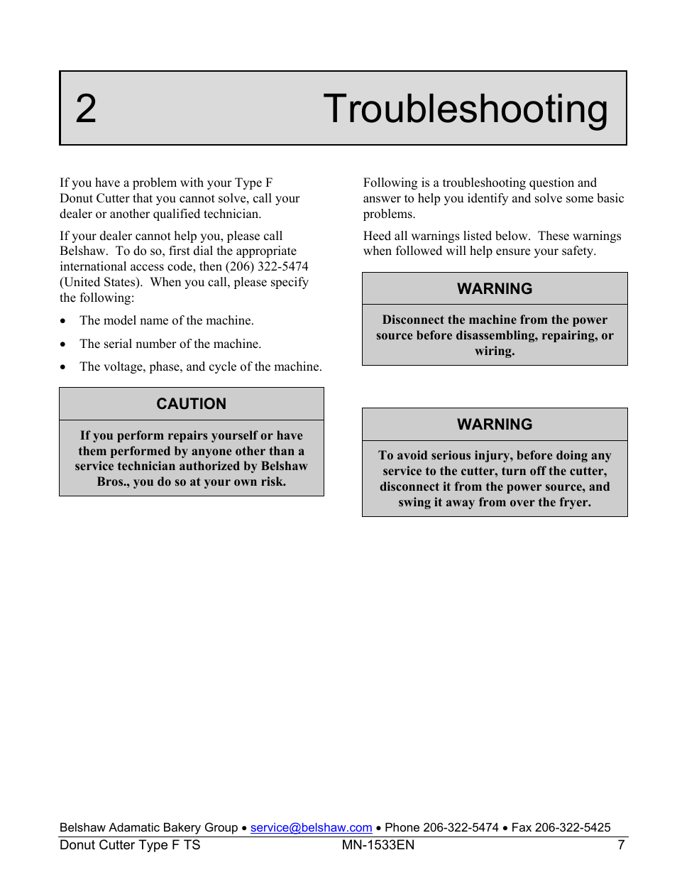 2 troubleshooting | Belshaw Adamatic Type F Cake Donut Depositor User Manual | Page 22 / 45