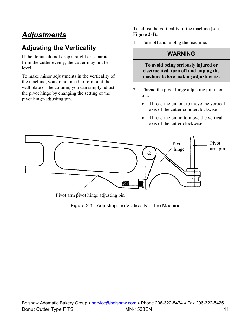 Adjustments, Adjusting the verticality | Belshaw Adamatic Type F Cake Donut Depositor User Manual | Page 26 / 45