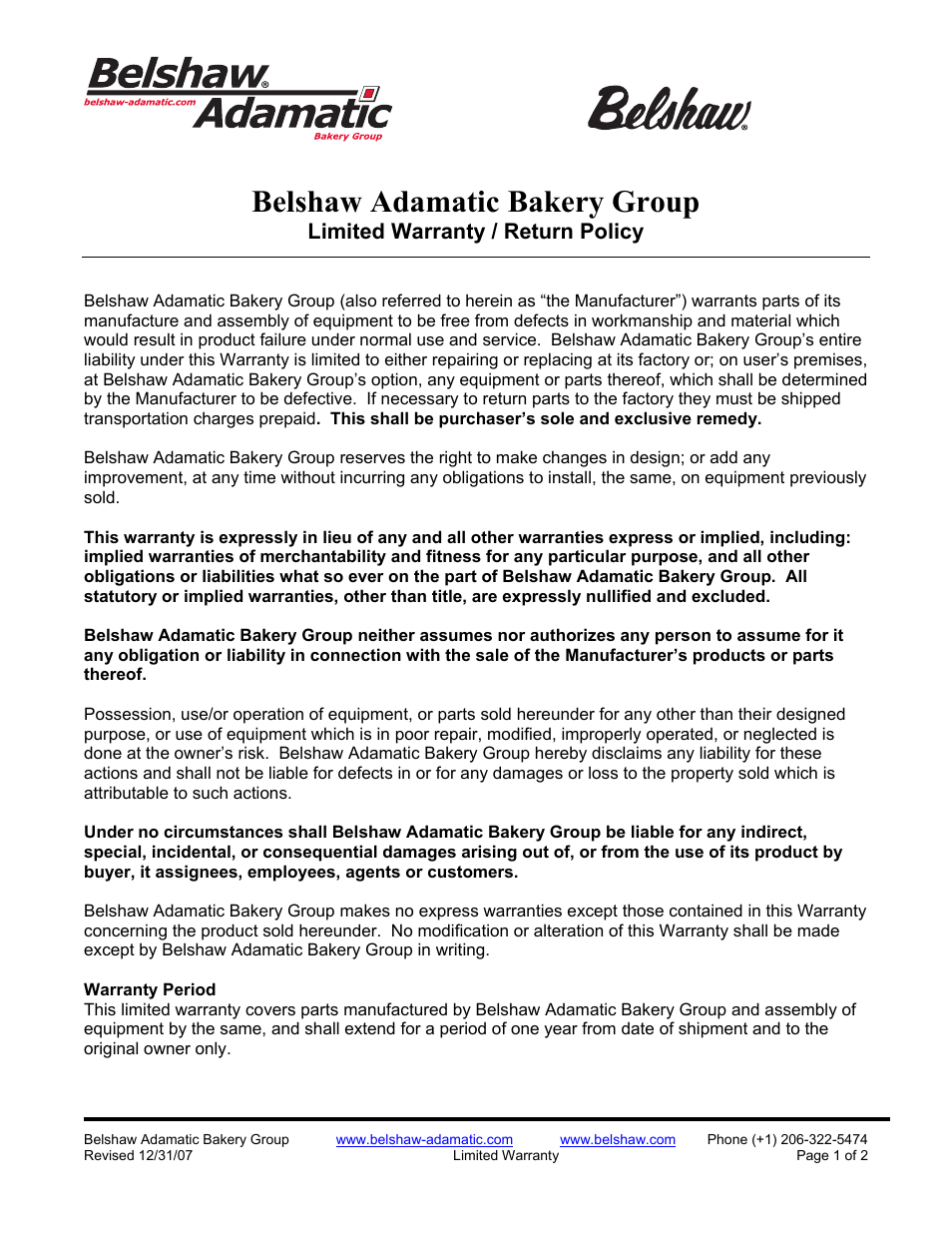 Belshaw adamatic bakery group, Limited warranty / return policy | Belshaw Adamatic Type F Cake Donut Depositor User Manual | Page 43 / 45