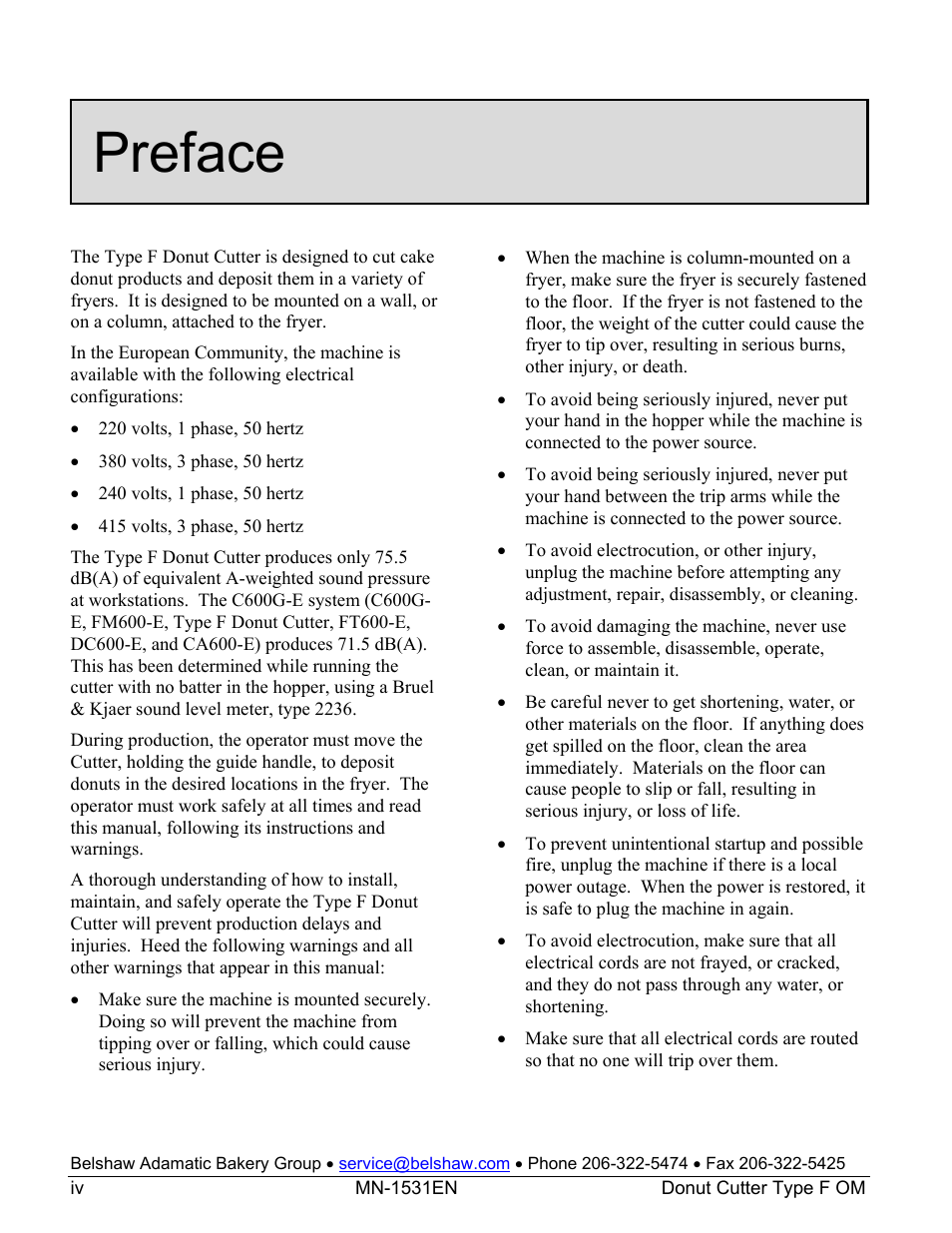 Preface | Belshaw Adamatic Type F Cake Donut Depositor User Manual | Page 5 / 45