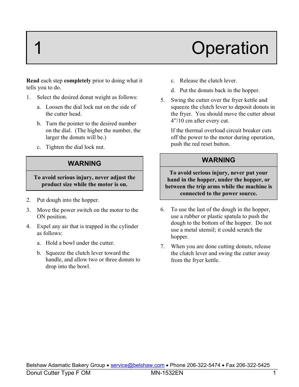 1 operation | Belshaw Adamatic Type F Cake Donut Depositor User Manual | Page 6 / 45