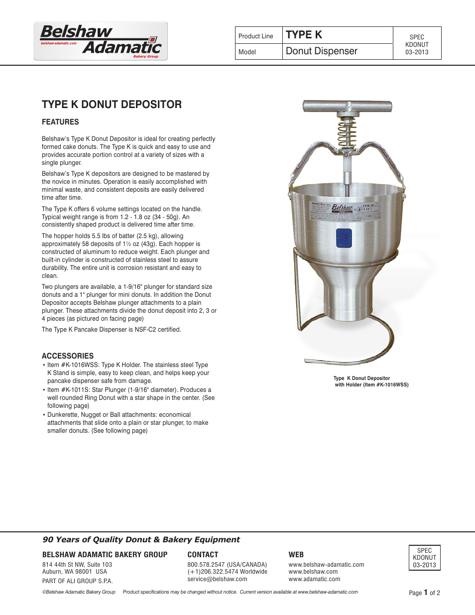 Belshaw Adamatic TYPE K Donut Dispenser User Manual | 2 pages